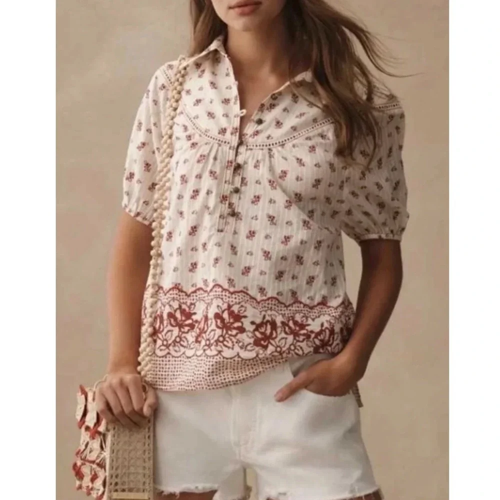 Anthropologie Floral Block Print Boho Blouse Red Cream Lace Trim Puff Sleeve M